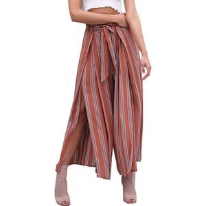 Simplee Women's Boho Flowy High Waisted Elegant Split Stripe Wide Leg Pants SM